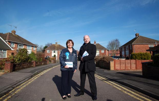 Maria Hutchings and William Hague in Hedge End this morning.