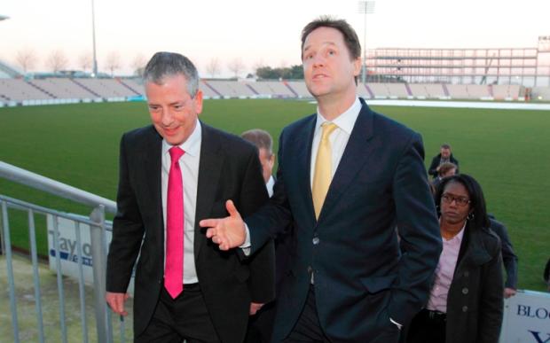 Mike Thornton with party leader Nick Clegg at the Ageas Bowl during the by-election campaign