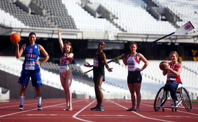 Olympic double Gold Medalist Mo Farah (centre) is joined by fellow Olympic and Paralympic athletes, basketball player Dominique Allen (left), synchronised swimmer Yvette Baker (2nd left), rower Sophie Hoskins (2nd right) and wheelchair basketball player M