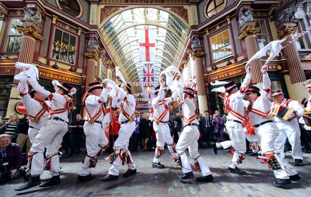 A group of Morris Dancers perform as part of St George's Day celebrations in Leadenhall Market, in the City financial district of London.
Picture date: Tuesday April 23, 2013.
