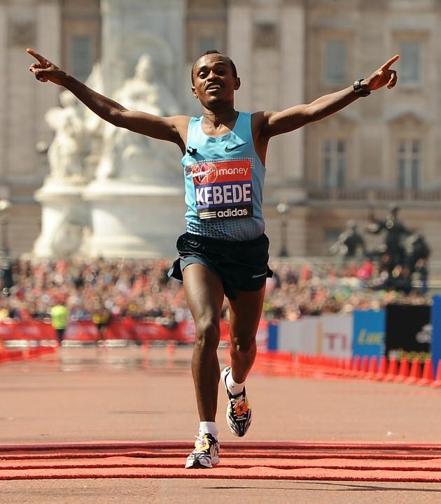 Ethiopia's Tsegaye Kebede crosses the finish line as he wins the Men's Elite race during the Virgin London Marathon in London.
Picture date: Sunday April 21, 2013. 
