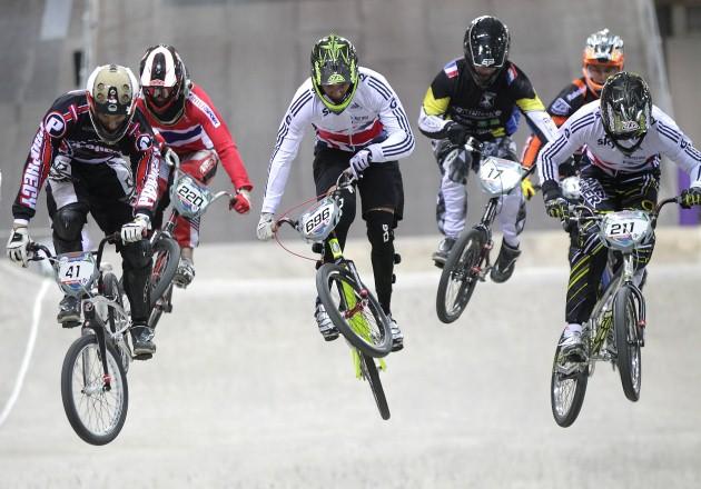 General action during day two of the UCI BMX Supercross World Championship at the National Cycling Centre, Manchester.
See PA Story CYCLING BMX. Picture date: Saturday April 20, 2013.