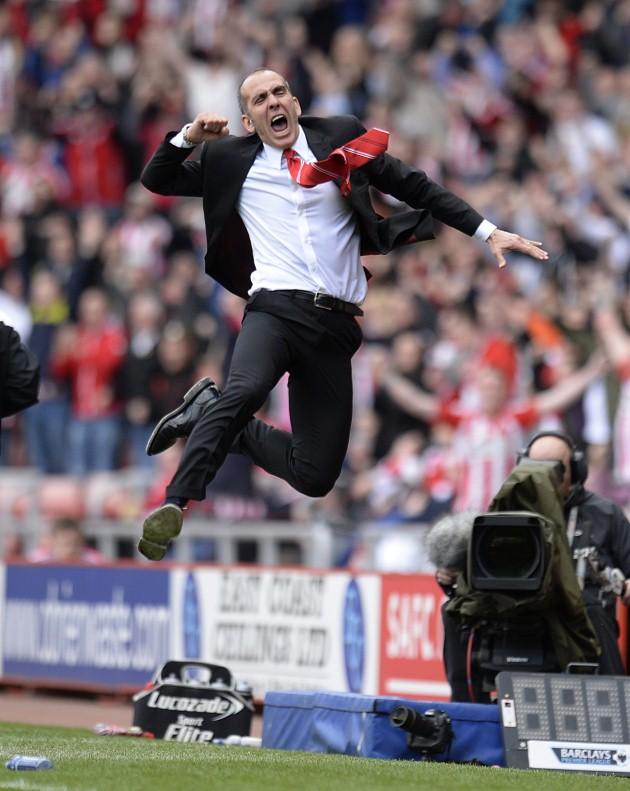 Sunderland's manager Paolo Di Canio celebrates his side's victory at the final whistle. Sunderland v Everton at the Stadium of Light. April 20, 2013.