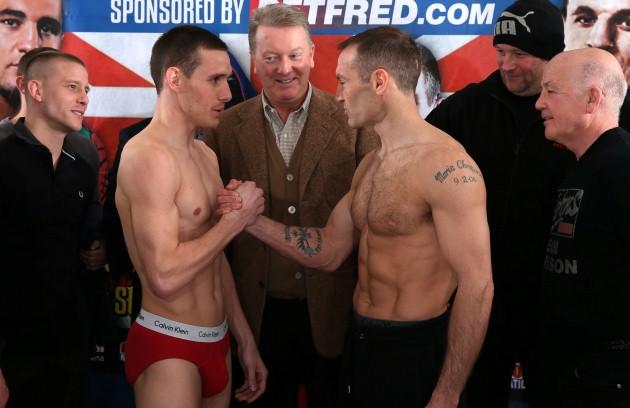 Scotland's Scott Harrison (right) shakes hands with Norfolk's Liam Walsh during the weigh in at Wembley Arena, London.
Picture date: Friday April 19, 2013. Harrison will face Walsh in their WBO European Lightweight Title fight tomorrow evening. 