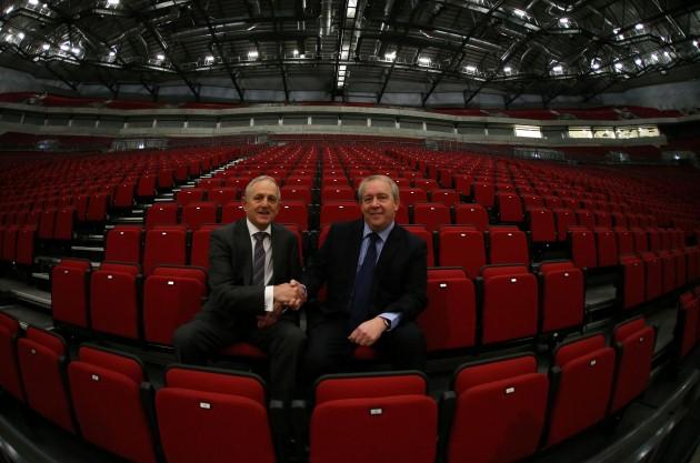 John Sutherland, Managing Director at SMG Europe with Keith Wakefield, Leeds City Council leader (left) during the hand over of the new Leeds Arena by Leeds City Council to SMG Europe. The Arena was named as the most exciting new venue this year globally 