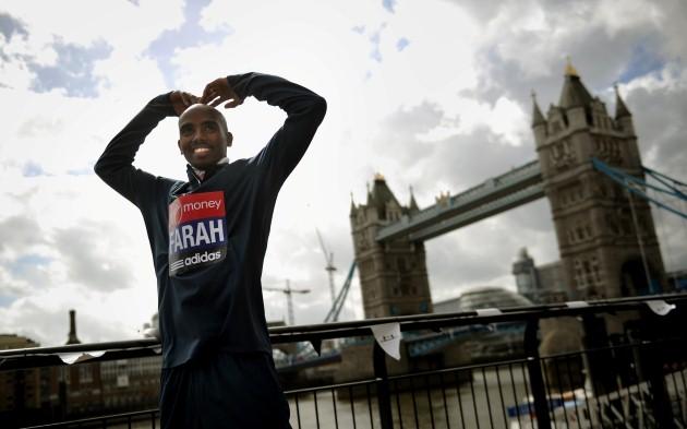 Great Britain's Mo Farah poses during the photocall at the Tower Hotel, London.
Picture date: Thursday April 18, 2013.
Picture date: Thursday April 18, 2013.