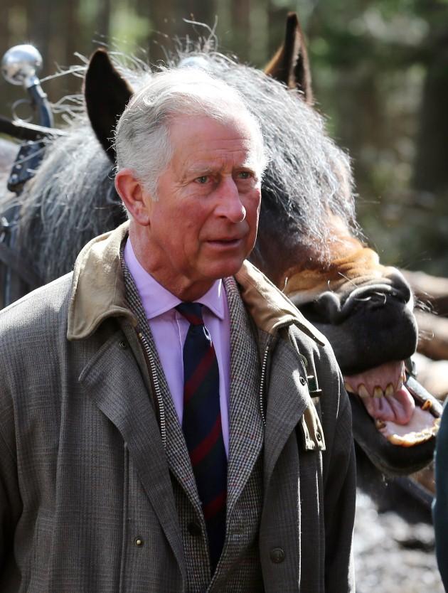 The Prince of Wales, known as the Duke of Rothesay when in Scotland, during a visit to meet horse loggers on the Balmoral Estate where he also met landowners and forestry workers.
Picture date: Thursday April 18, 2013.