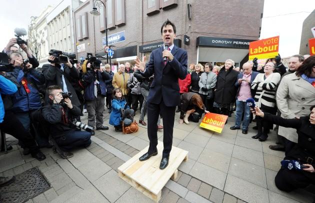 Labour Leader Ed Miliband takes to a pallet to talk to the residents of South Shields today to campaign in the by-election sparked by his brother David's decision to quit British politics.
Picture date: Thursday April 18, 2013. 
