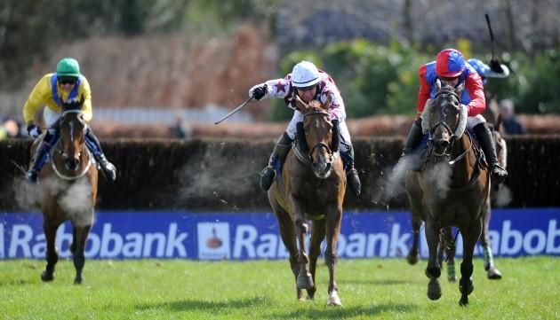Johnies Star (centre) ridden by jockey Ben Brabazon on their way to victory in KFM Hunters Chase For The Bishopscourt Cup during the Rabobank Champion Hurdle Day of the 2013 Festival at Punchestown Racecourse, Co Kildare, Ireland.
Picture date: Friday Ap