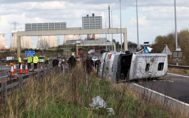 The scene of a road traffic accident on the westbound carriage of the M62 near Pontefract in West Yorkshire between a lorry and a minibus carrying around 20 women.
Picture date: Friday April 26, 2013. Emergency services - including six air ambulances - w