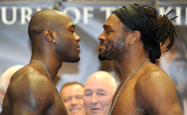 Audley Harrison (right) goes head to head with Deontay Wilder during the weigh in at the English Institute of Sport, Sheffield.
Picture date: Friday April 26, 2013. 