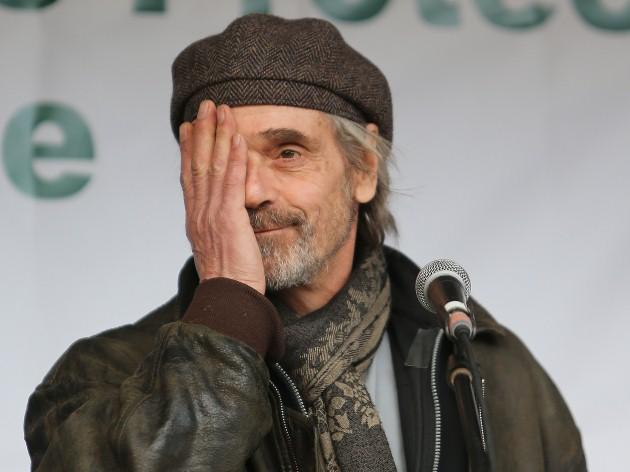 Jeremy Irons speaks to thousands activists at a protest walk in Avondale forest park in Co Wicklow to highlight the campaign to stop the government's plan to sell off the harvesting rights to Ireland's public forests under the EU/IMF 'Troika' programme an