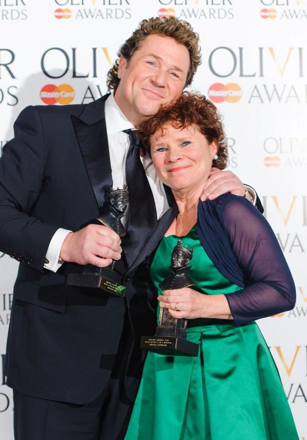 Michael Ball and Imelda Staunton, in the press room at the Olivier Awards 2013, at the Royal Opera House, in Covent Garden, central London.
Picture date: Sunday April 28, 2013. 