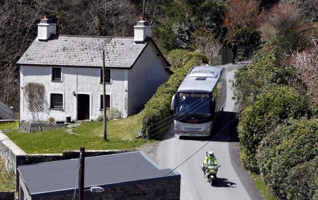 Jurors arrive outside the home of Mark Bridger in Ceinws, Mid Wales during his trial for the abduction and murder of April Jones.
Picture date: Thursday May 2, 2013. The jury in Bridger's trial were taken today to the 47-year-old's isolated cottage, wher