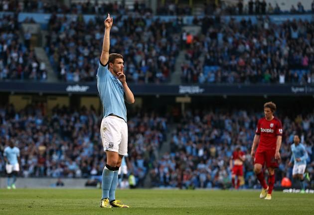 Manchester City's Edin Dzeko celebrates scoring the opening goal of the game. Manchester City v West Bromwich Albion.