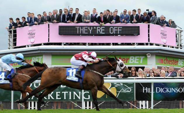 Forest Edge ridden by John Egan wins The Stellar Group Handicap Stakes, watched by Manchester United players during day one of the Boodles May Festival at Chester Racecourse, Chester.
Picture date: Wednesday May 8, 2013.