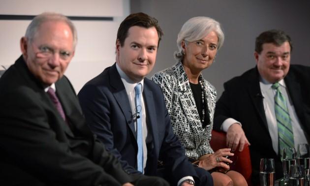 (Left - right) Dr Wolfgang Schauble, German Federal Minister of Finance, Chancellor of the Exchequer George Osborne, Christine Lagarde, Managing Director of the International Monetary Fund and Jim Flaherty, Minister of Finance, Canada during a Q&A on the 