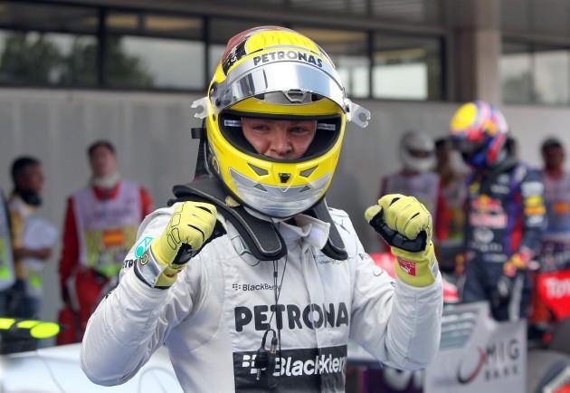 Mercedes' Nico Rosberg celebrates taking pole during qualifying at the Circuit de Catalunya, Barcelona.
Picture date: Saturday May 11, 2013. 