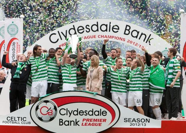 Celtic are awarded the SPL trophy after the Clydesdale Bank Premier League match at Celtic Park, Glasgow.
Picture date Saturday May 11, 2013.