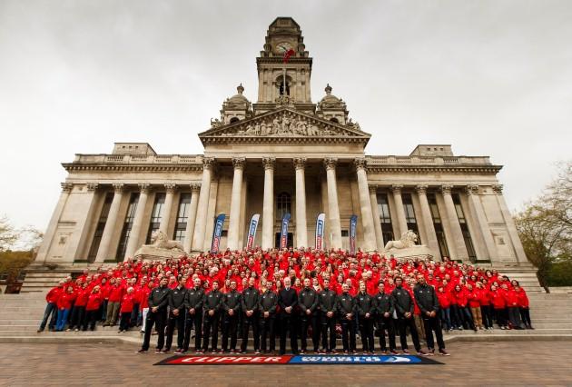 400 men and women who make up the majority of the crew members of the Clipper 13-14 Round the World Yacht Race gather on the steps of the Guildhall in Portsmouth, Hampshire.
Picture date: Saturday May 11, 2013. They were joined by the founder of the even