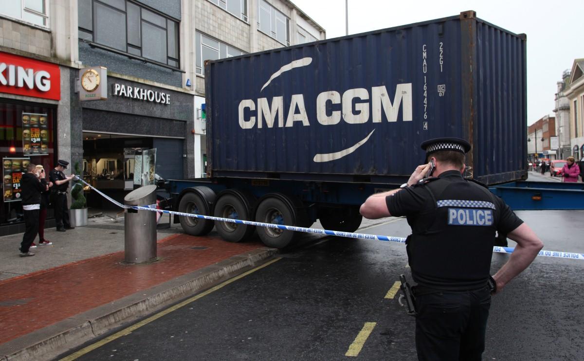 The Year in Pictures - 2013 - A container lorry was driven into the window of Parkhouse jewelers as part of a robbery. February 28, 2013.