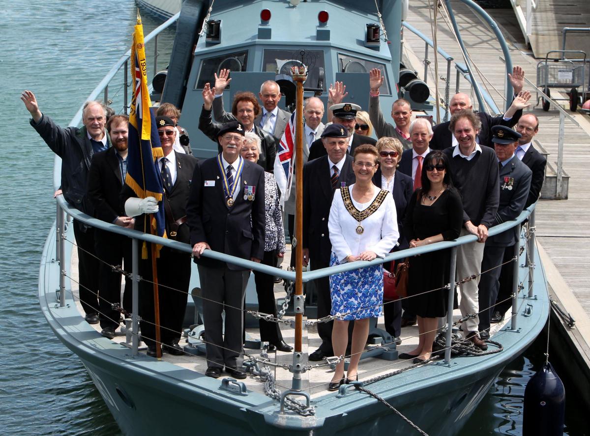 Civic party aboard HMS Medusa with mayor of Southampton Cllr Sue Blatchford, Ocean Village, Southampton. D-Day Commemorations in Hampshire.