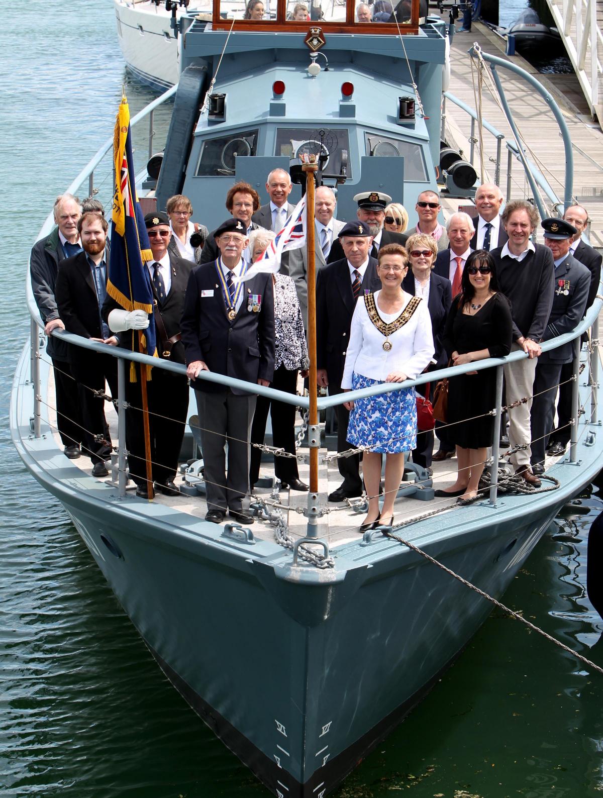 Civic party aboard HMS Medusa with mayor of Southampton Cllr Sue Blatchford, Ocean Village, Southampton. D-Day Commemorations in Hampshire.
