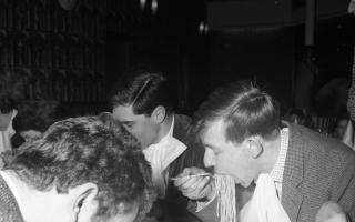 Spaghettii eating competition at George's Restaurant. February 1964..