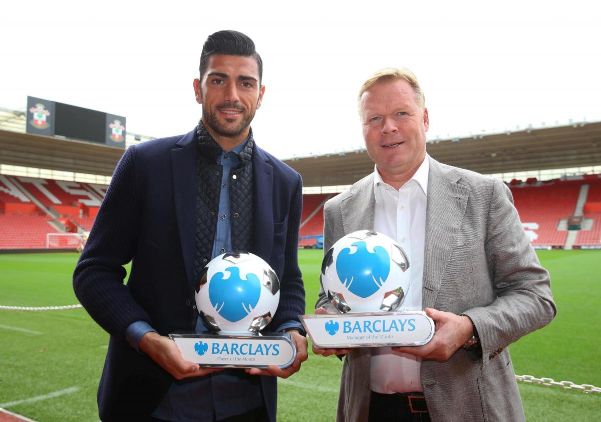 Koeman poses with Graziano Pelle, who was named player of the month for September. Photo: Matt Watson.