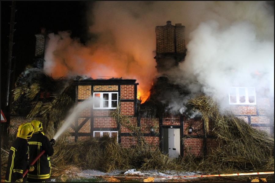 Fire crews from Hampshire and Dorset tackled a major blaze at a thatched cottage in Sopley.