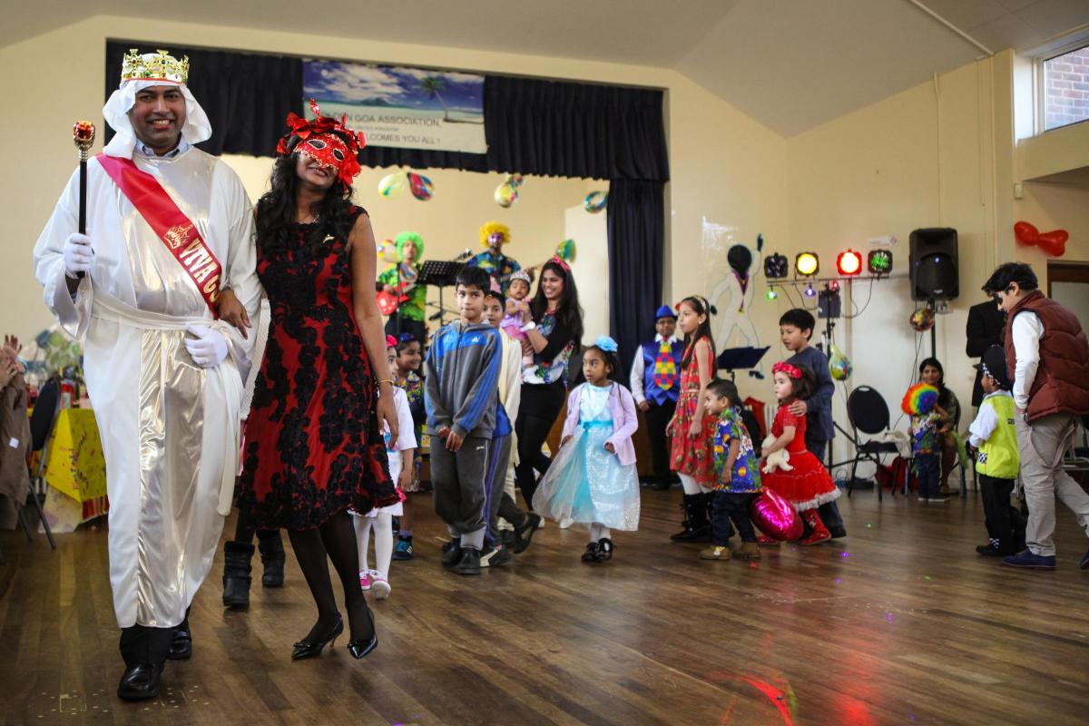Revellers attend Goa carnival dance party at Holy Family Church Hall, Redbridge Hill, Southampton.