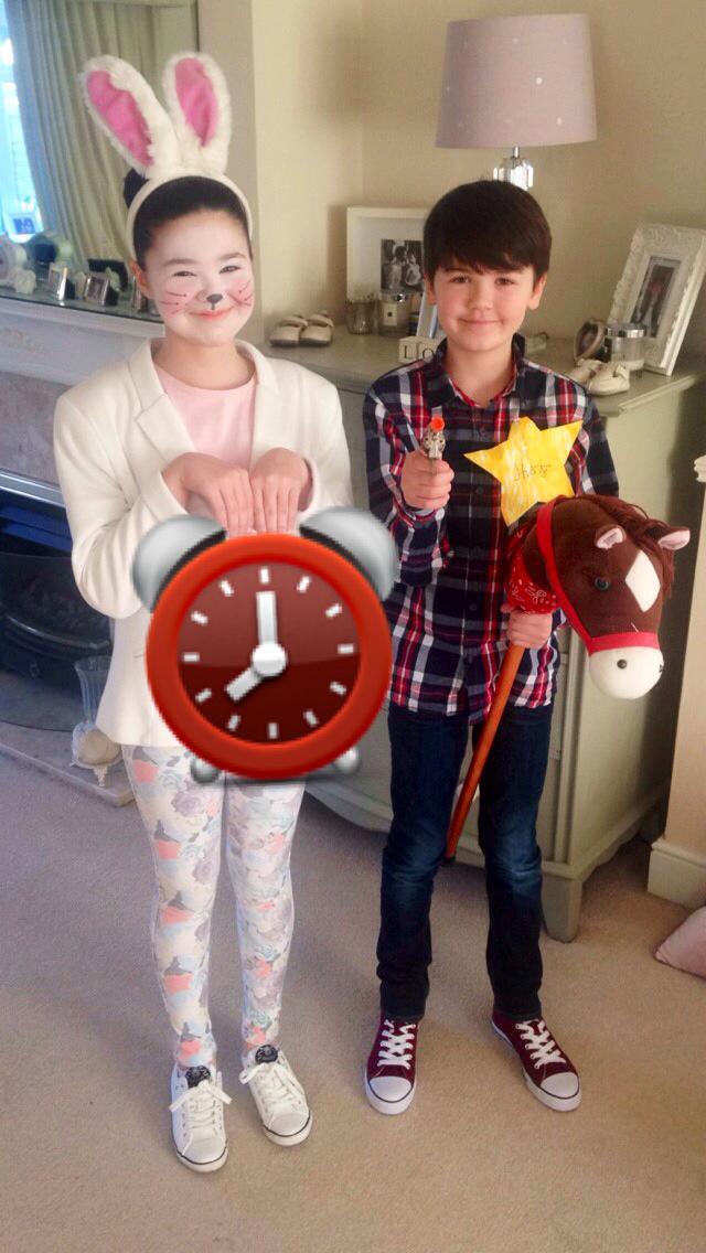 The White Rabbit from Alice in Wonderland and Sheriff Woody from Toy Story. Maisie Pientak age 11 and Finn Pientak age 9.