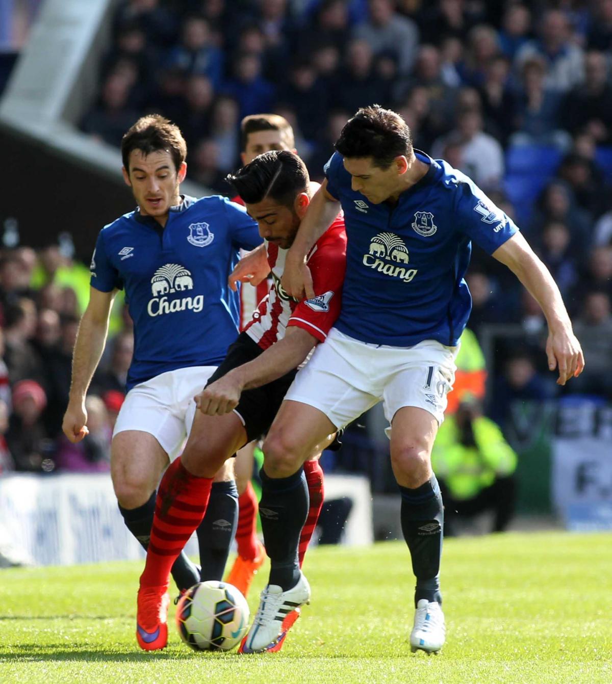 Graziano Pelle is sandwiched by Leighton Baines and Gareth Barry