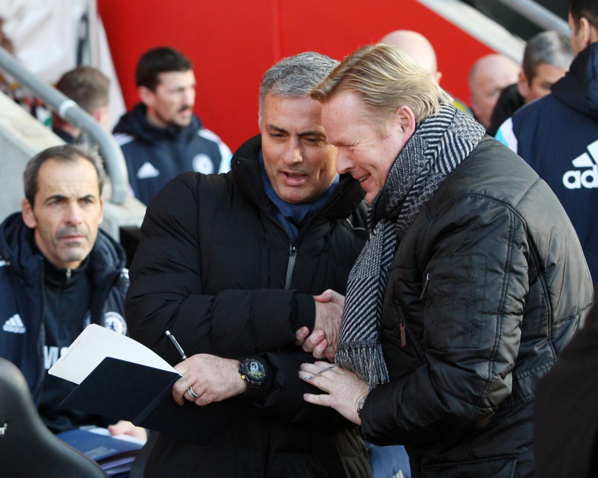 Koeman and good friend Jose Mourinho, who worked at Barcelona together, share a laugh before the 1-1 draw at St Mary's in late December.
