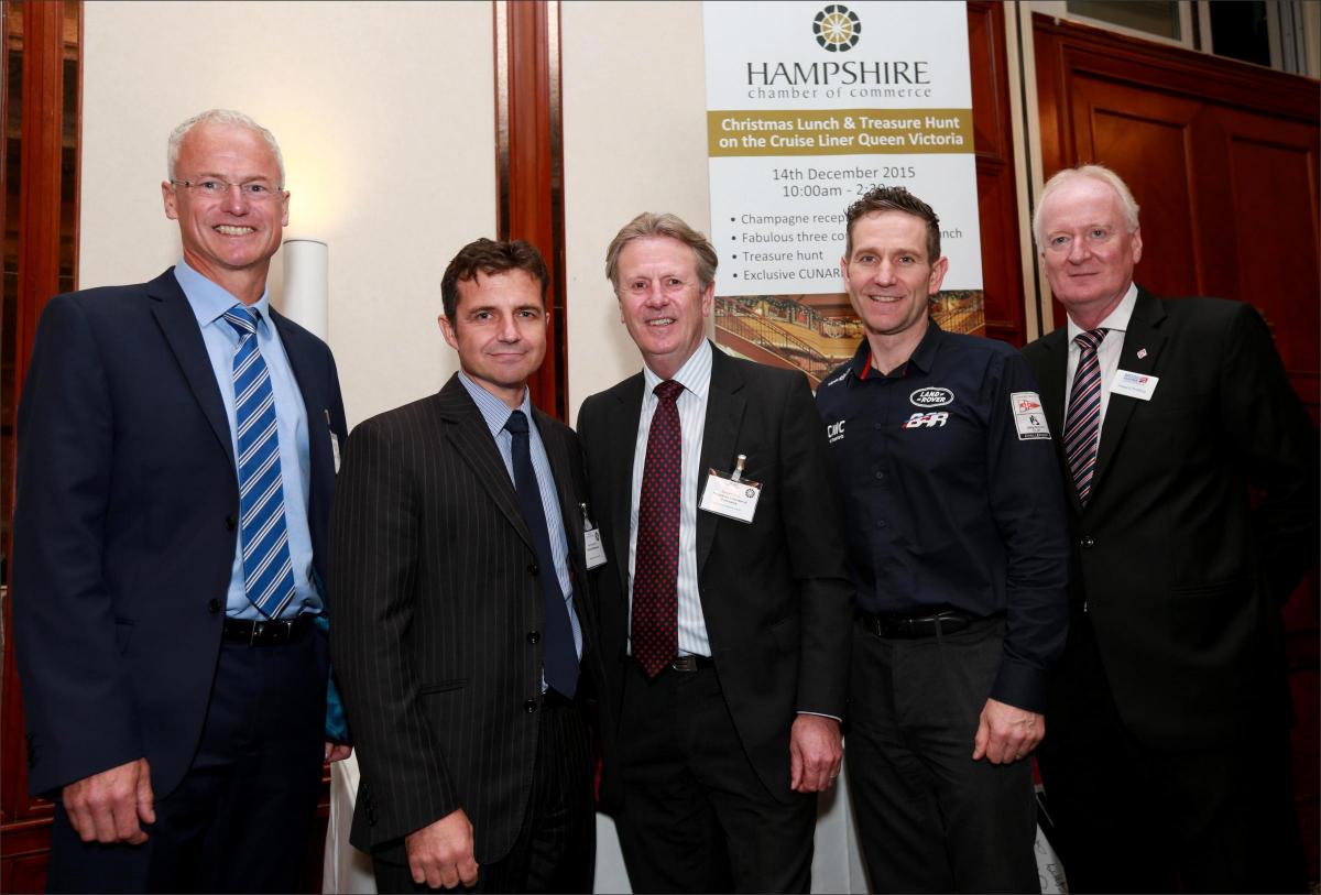 Hampshire Chamber of Commerce hosted a Boatshow lunch at the Grand Harbour Hotel in Southampton. Pictured with guest speaker Andy Hindley (2nd right) are sponsors David Bayley of Condor Office Solutions and Paul Duckworth of Smith Williamson, Stewart Dunn