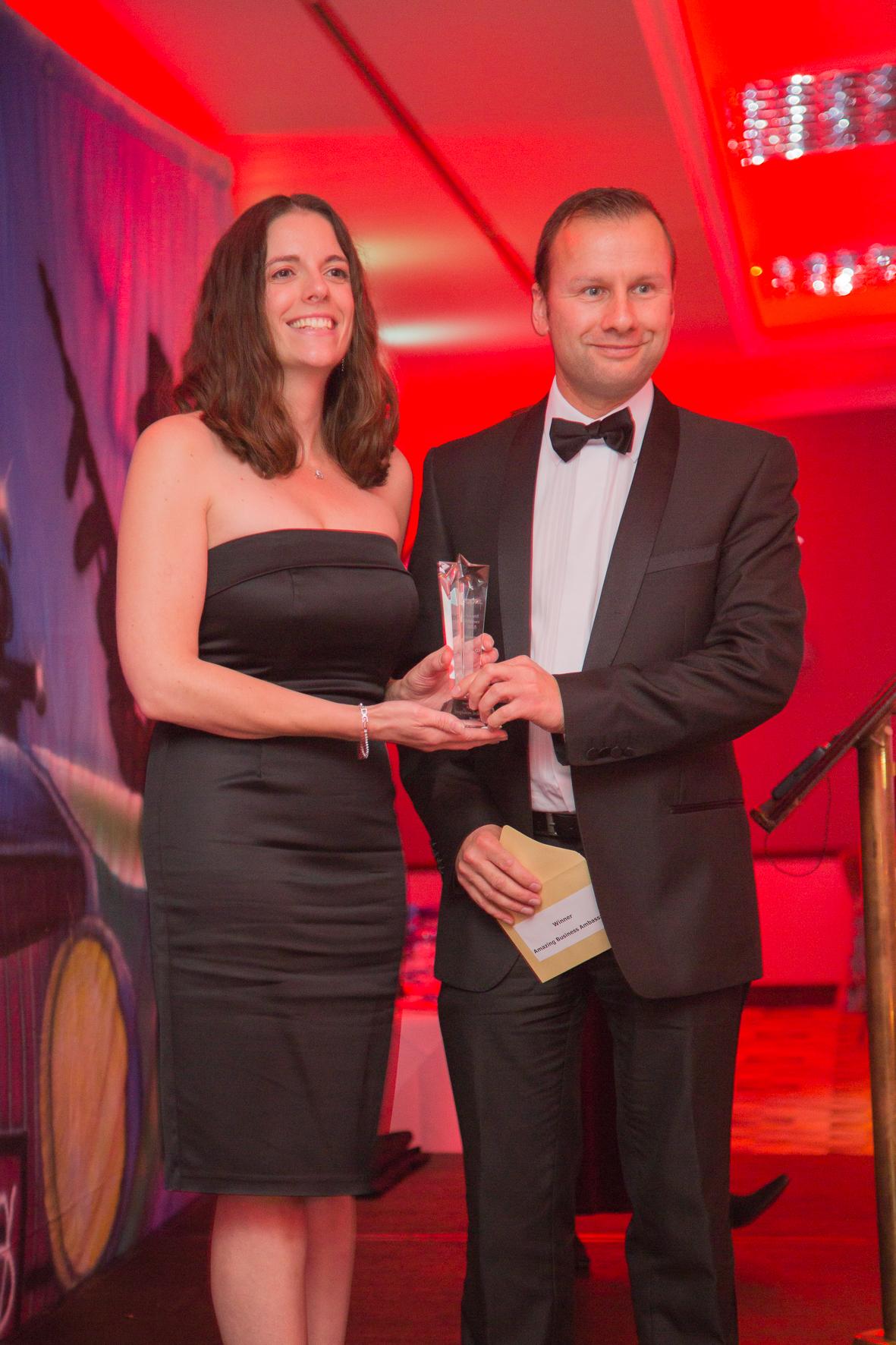 Winner Stephanie Bellchambers from Biscoes with Sponsor Michael Burden from HSBC