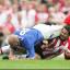 FLAT OUT: Saints' Jamie Redknapp feels a Stone weight - Steve Stone. Echo picture by Stuart Martin.