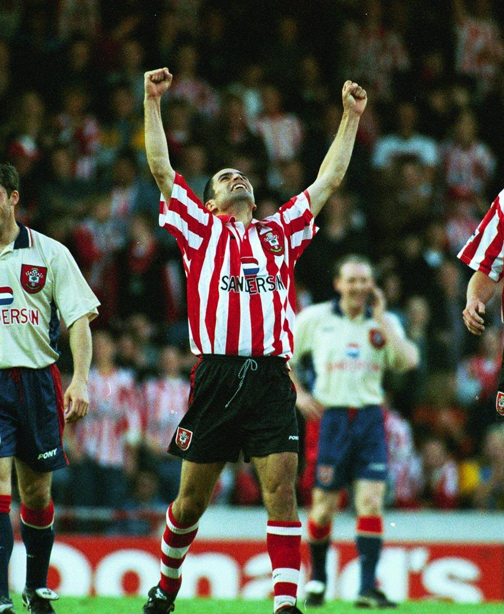 Benali celebrates scoring in his testimonial against an ex-Saints XI in 1997 - six months before he actually broke his duck for the club