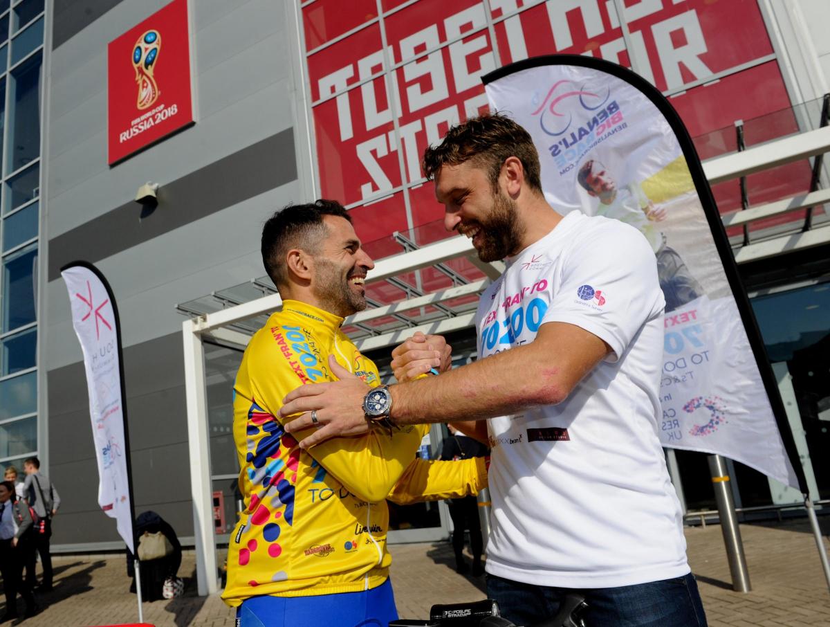 Benali meets with Rickie Lambert at Cardiff FC on the second day of his run.