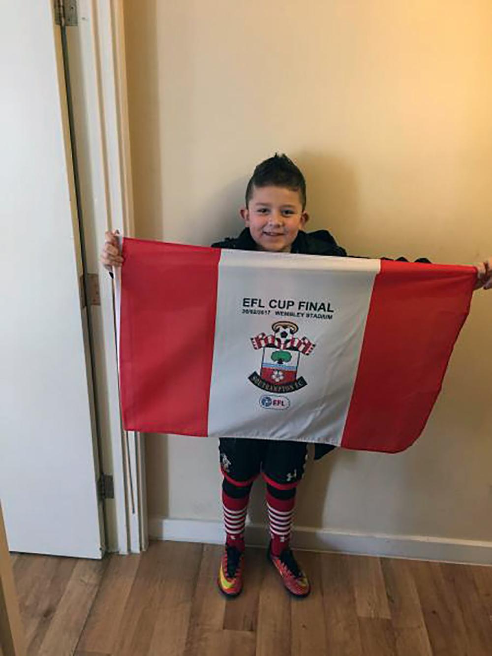 Harvey Wickham, 7, will be shouting on the Saints today