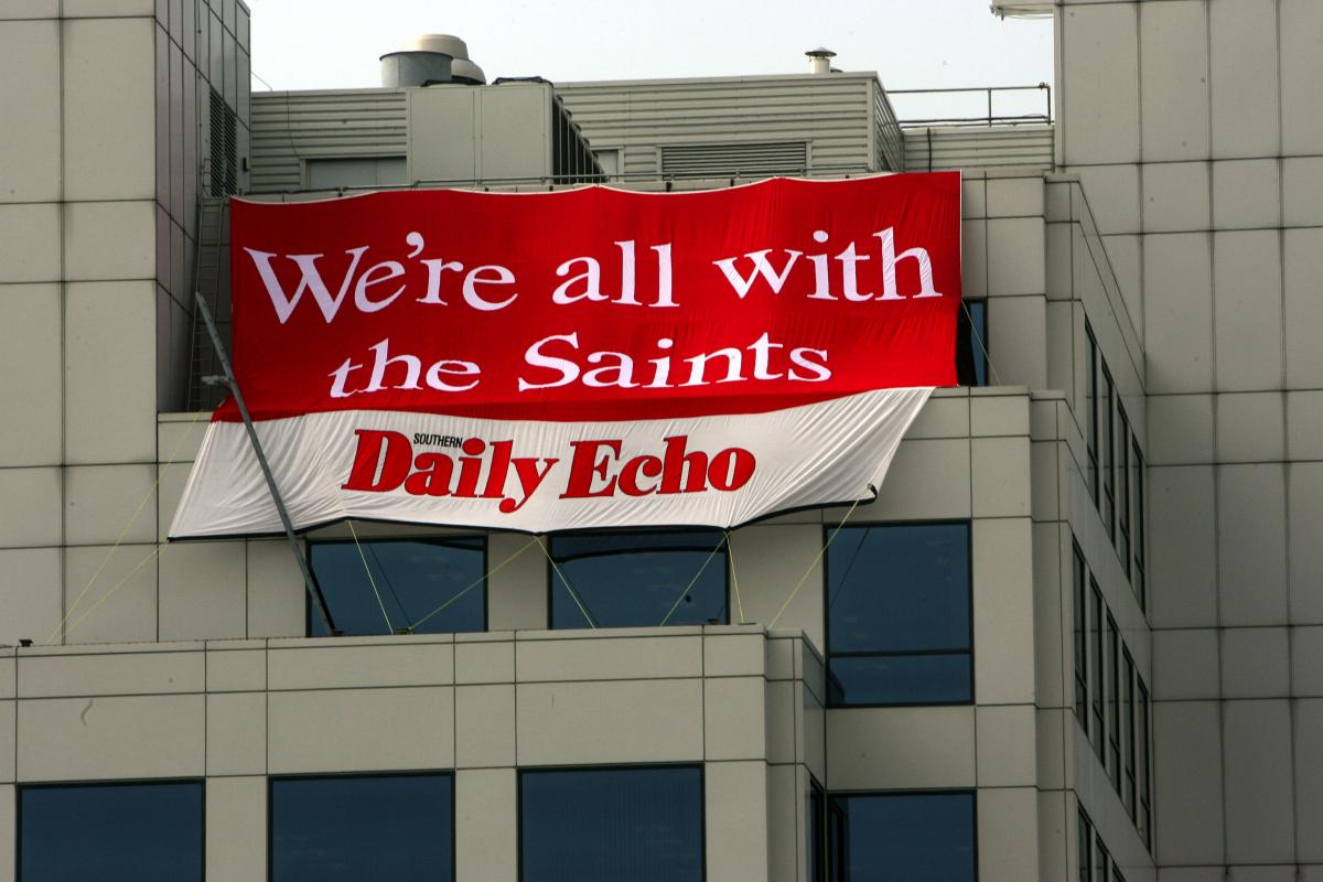 The Southern Daily Echo shows its support for the Saints with this huge banner hanging from Skandia House in Southampton City Centre.