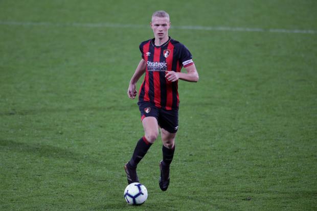 BOURNEMOUTH, ENGLAND - FEBRUARY 26: Brennan Camp of Bournemouth during the FA Youth Cup match between AFC Bournemouth U18 and Manchester City U18 at Vitality Stadium on February 26, 2019 in Bournemouth, England. (Photo by Robin Jones - AFC