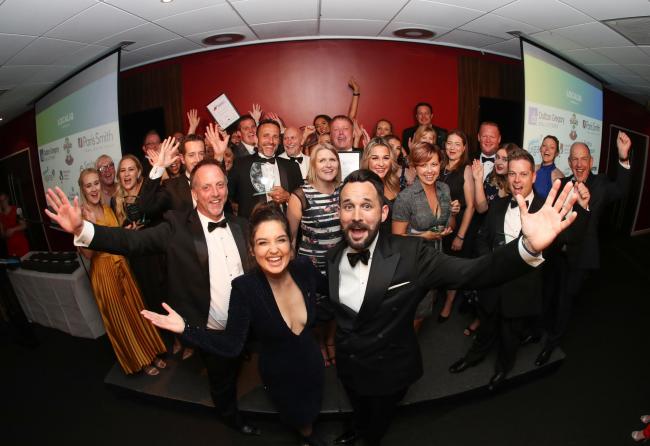 South Coast Business Awards 2019 at St Mary's Stadium - Lauren Bannon and Jez Rose pictured with all the winners.