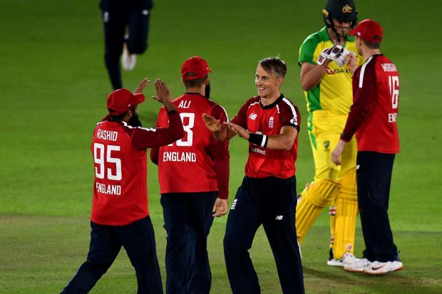 England's Adil Rashid (left) and Tom Curran celebrate their win after the first Vitality IT20 match at the Ageas Bowl, Southampton. PA Photo. Picture date: Friday September 4, 2020. See PA story CRICKET England. Photo credit should read: Dan