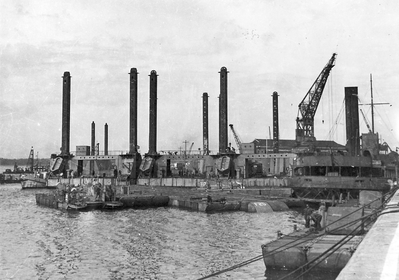 Construction of the Mulberry Harbour at Southampton docks ahead of the D-Day landings.