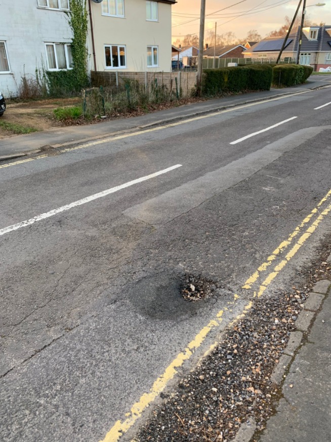 A pothole on Firgroove Road that was repaired five weeks ago in now starting to crumble and another hole is forming. 