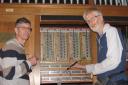 Keith Watson and Gordon Cockburn testing the electronics of the organ at St James’ by the Park church in Shirley.