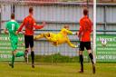 Sholing keeper Ryan Gosney makes a flying save from Dan Munday (photo: Ray Routledge)