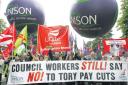 Union members protesting as they march towards Guildhall Square, Southampton yesterday