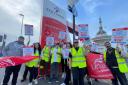 Red Funnel employees protesting outside the terminal on Wednesday morning